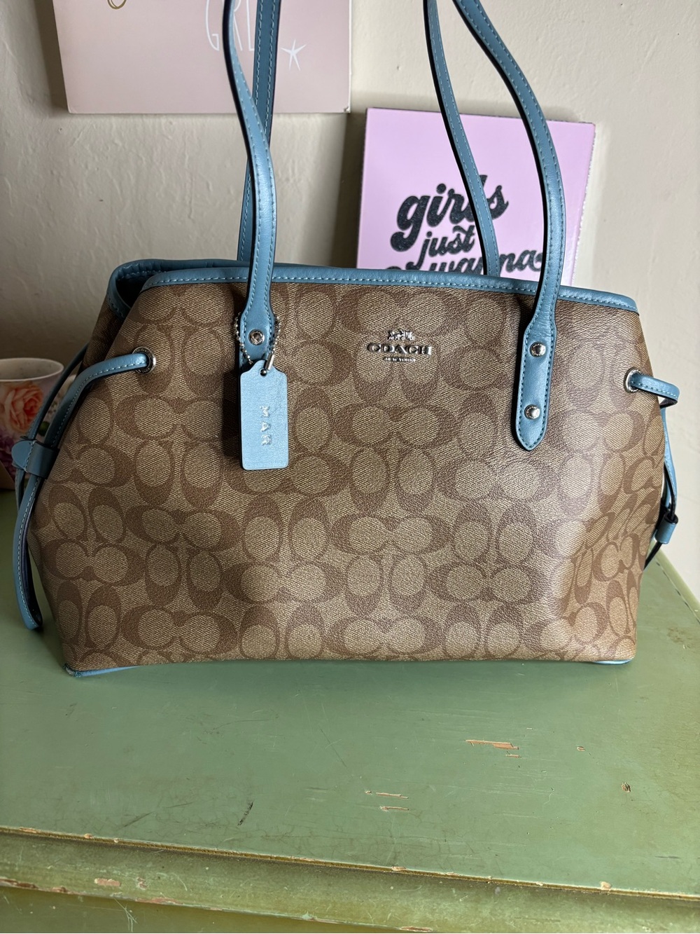 Coach Brown Signature Tote with Light Blue Trim